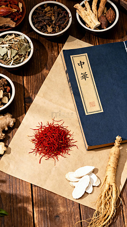 中药药材与古籍书籍展示木质桌面场景
