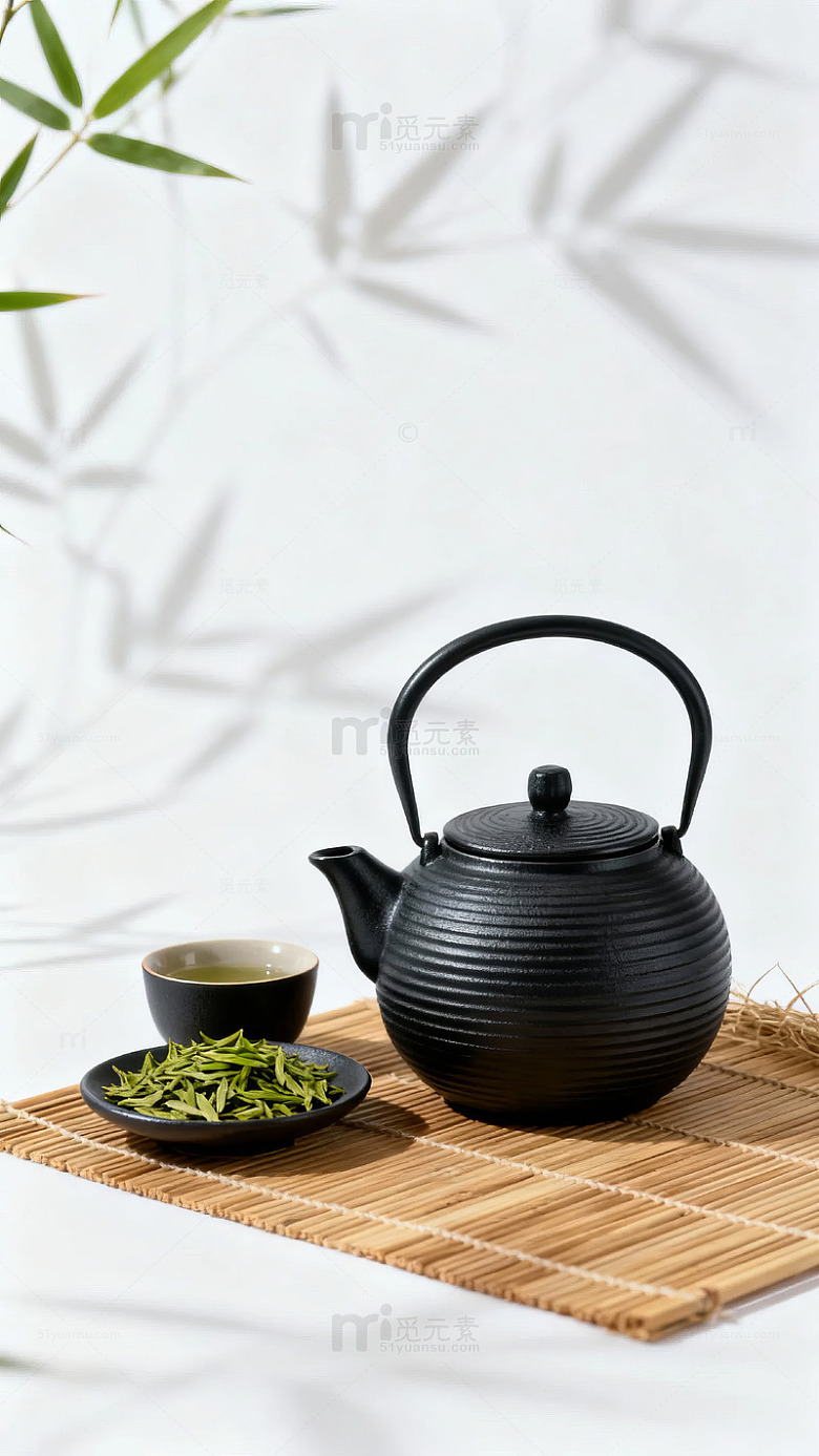黑色茶壶与绿茶置于竹席上的宁静茶道场景