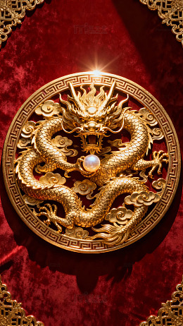 金色龙纹圆盘镶嵌珍珠置于红色绒布之上