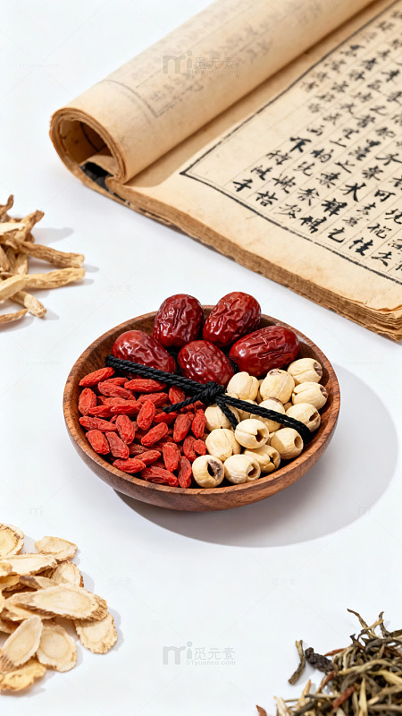 木碗盛放红枣枸杞莲子旁有古籍与中药材
