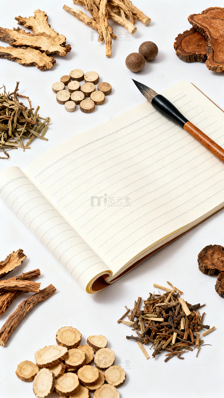 中药药材与毛笔书写本静物摆拍