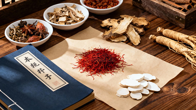 传统中药材展示包括人参、当归和藏红花