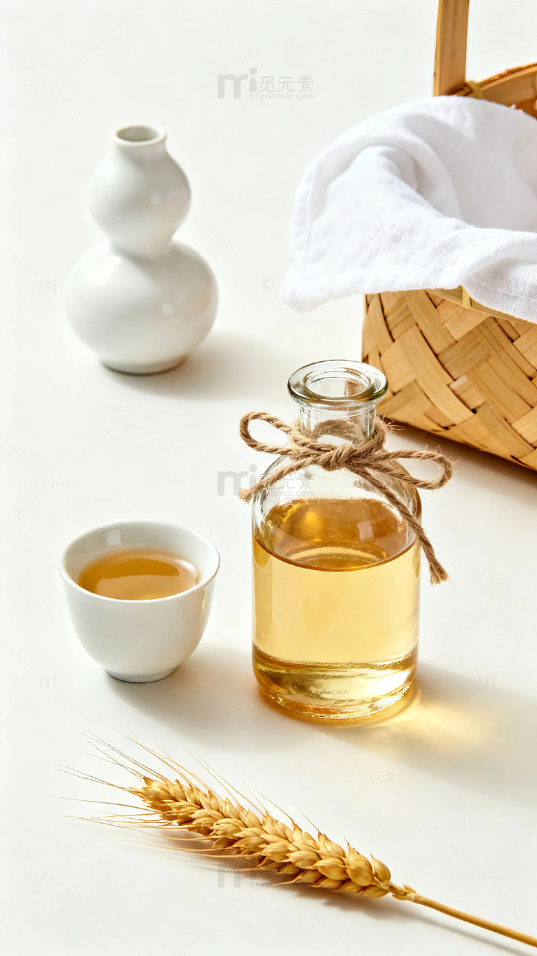 一瓶金黄色液体搭配小麦穗和茶杯的静物摆拍