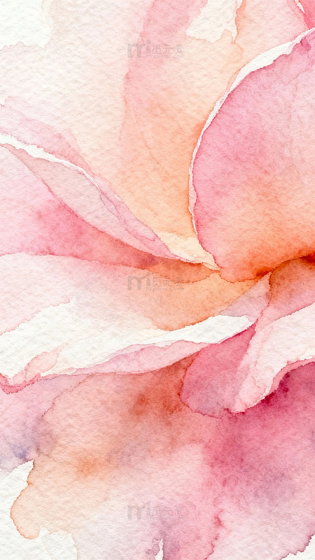 一幅粉色与橙色渐变的水彩花卉特写画