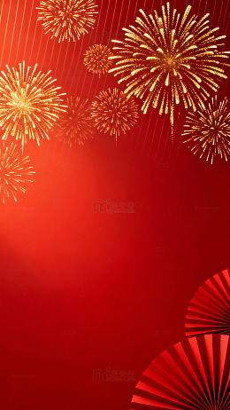 红色背景上的金色烟花与扇形图案装饰