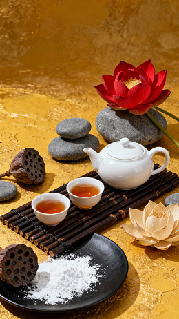 茶具与莲花摆放在金色背景上营造宁静氛围