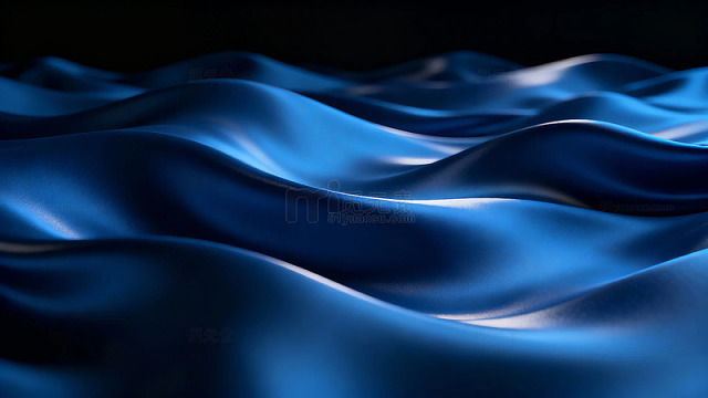 深蓝色波浪形光滑表面在黑暗背景下的抽象流