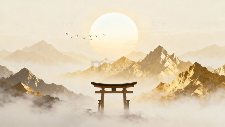 日出时分云雾缭绕的山峦与鸟居