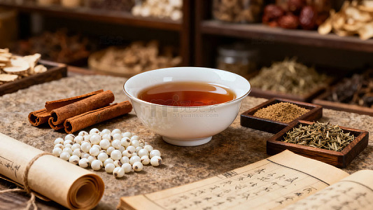 中药茶与药材展示桌上摆放着茶碗和各类中药