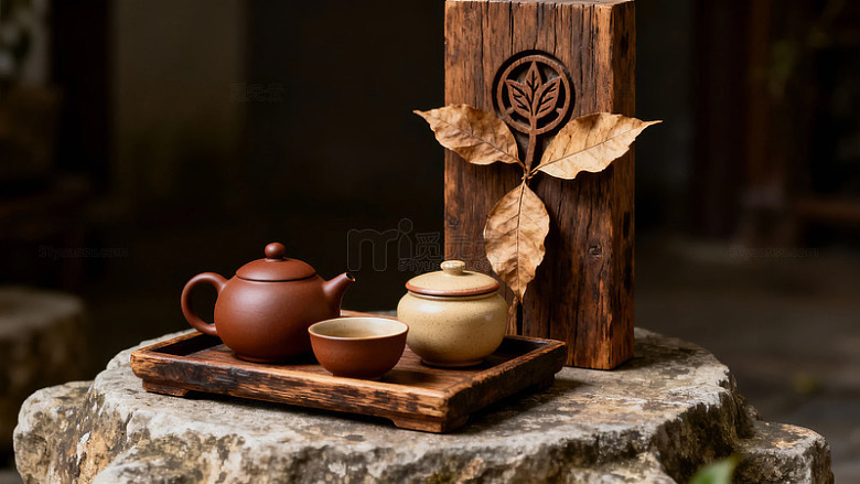 古朴茶具置于石台木托旁配以干叶装饰
