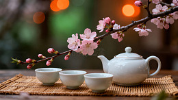 樱花枝下摆放着白色茶壶与茶杯的静谧茶道场
