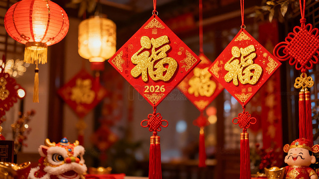 春节喜庆装饰福字挂饰背景海报