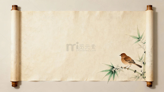 古风卷轴画小鸟栖息于竹枝之上