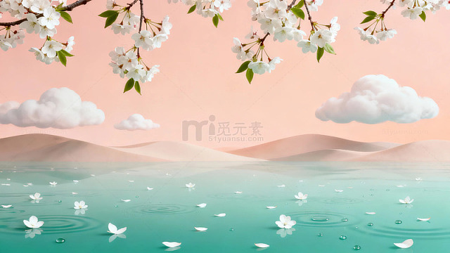 樱花枝垂映碧水云山静谧美景