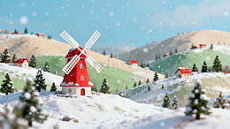 雪景中红色风车与小屋点缀的冬日山丘
