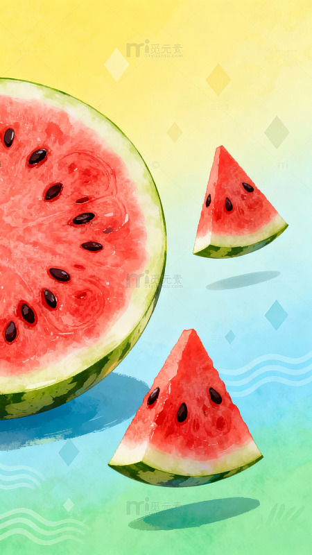 西瓜切片色彩鲜艳的静物画