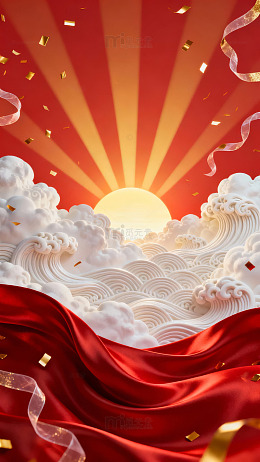红日云海红旗飘扬庆祝画面