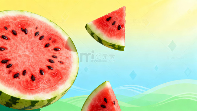 西瓜切片漂浮于梦幻背景之上