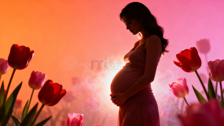 孕妇手抚孕肚立于花丛中