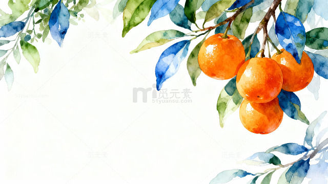 水彩柑橘枝叶静物画图片