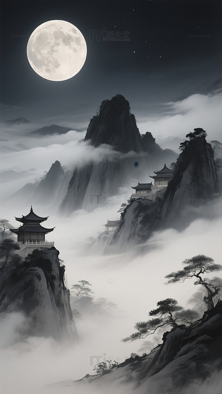 水墨古风山间月夜
