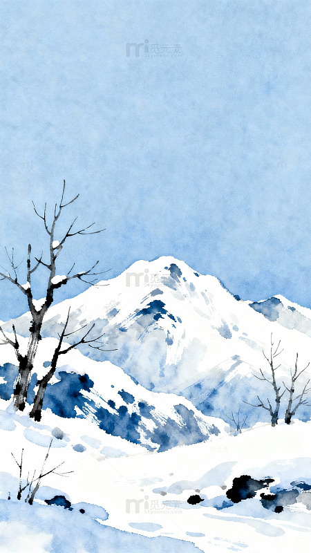 雪山风光水墨画