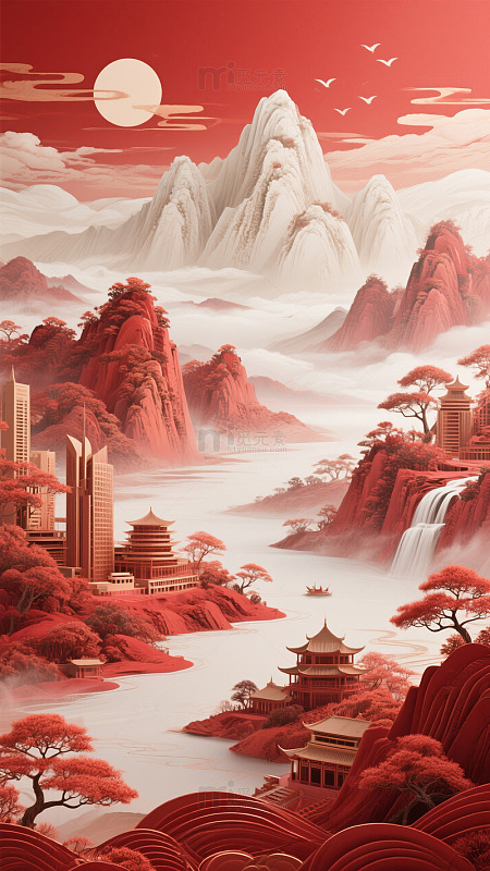 红色山水画现代建筑融合图
