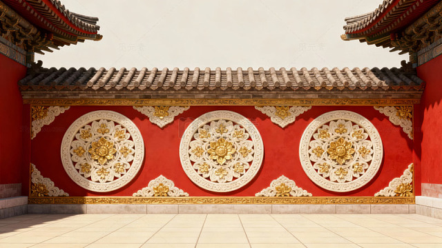 红色墙壁上的金色圆形装饰图案