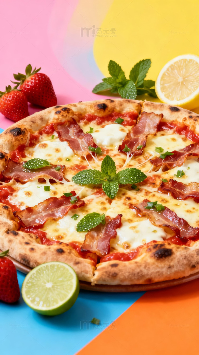披萨配草莓柠檬色彩背景
