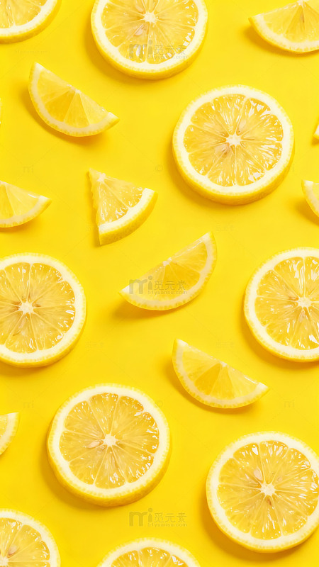 黄色背景上的柠檬切片图案-1825