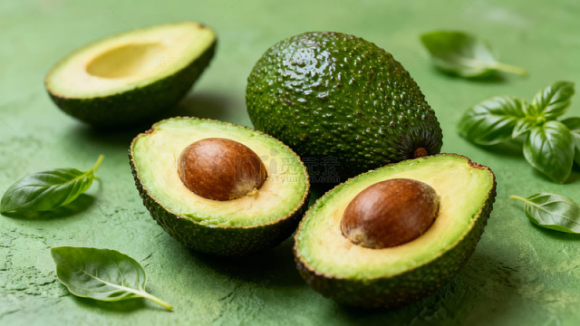 新鲜牛油果切片与绿叶