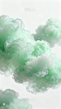 绿色烟雾云朵漂浮于白色背景