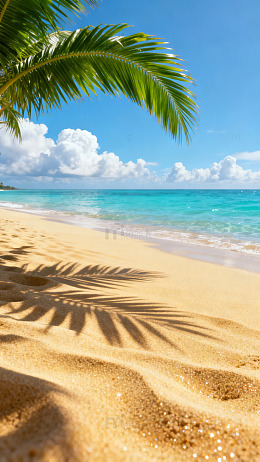 热带海滩椰影与碧海蓝天