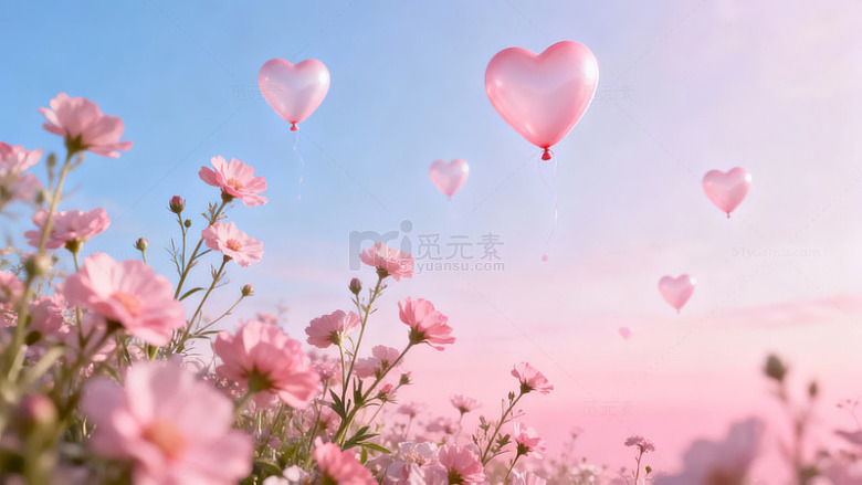 花丛中飘浮的粉色心形气球