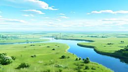 清新简约广阔草地河流蜿蜒背景