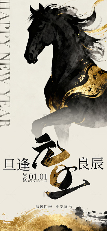 水墨骏马新年贺卡设计模板