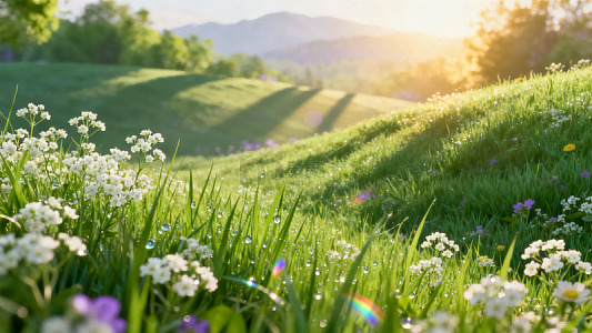 晨光洒落绿野花丛图片