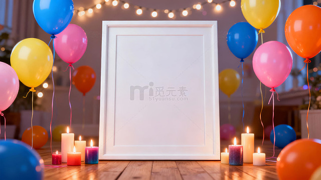 气球蜡烛环绕的空白画框