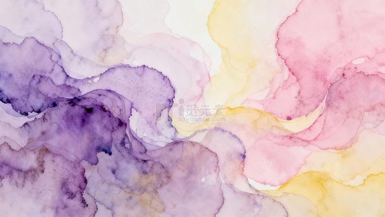 紫色与粉色水彩交融的抽象画