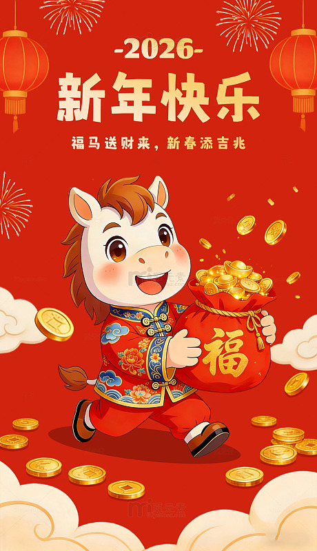 2026喜庆新年马年送财福袋插画卡通海报