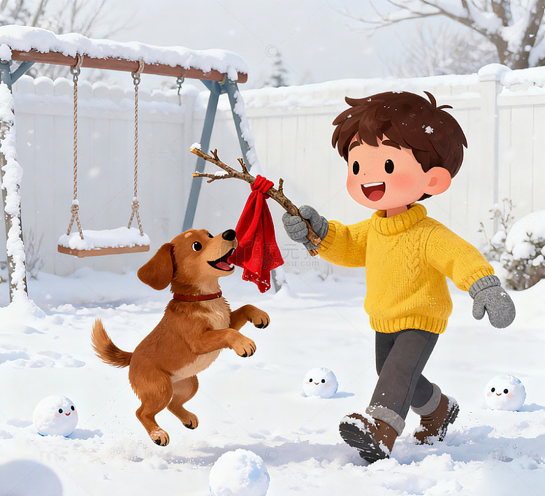 冬日 童趣雪地玩耍 插画