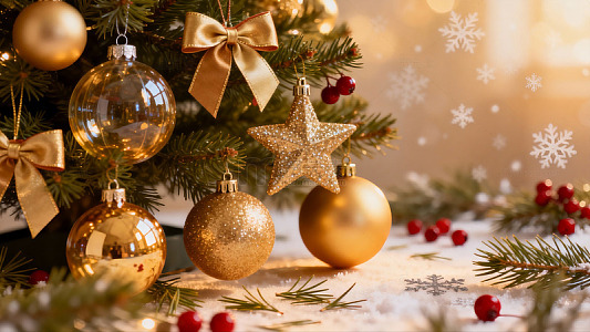 金色圣诞树装饰节日风光摄影