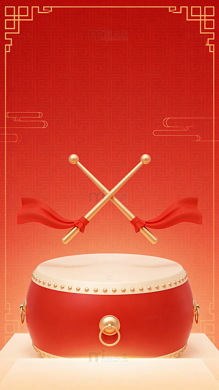 红色中国风鼓与剑设计素材