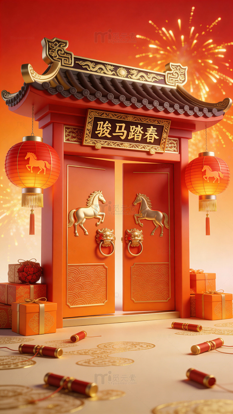 春节庆典骏马红灯礼物场景