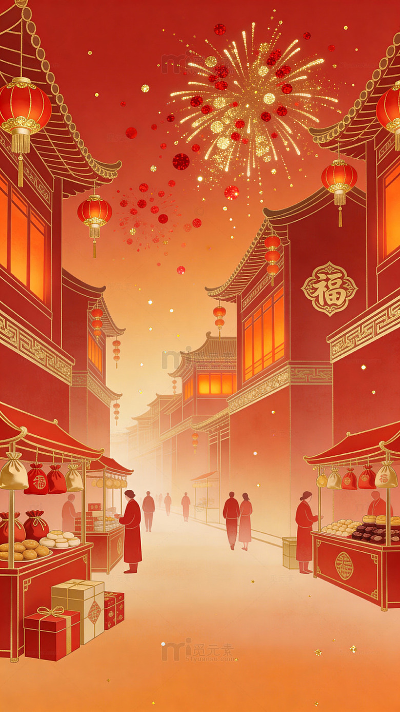 春节喜庆古建筑烟火插画