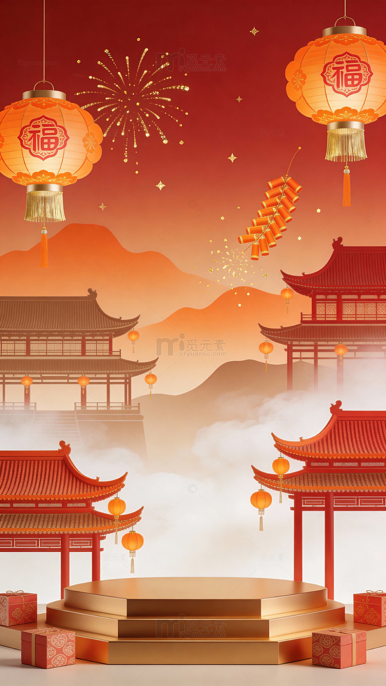 春节庆典中式建筑灯笼烟花场景