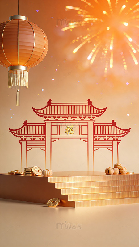 传统节日庆典中国风灯笼与烟花设计