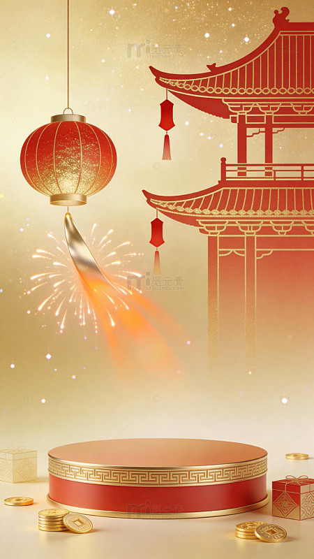 新年庆典红色灯笼烟花场景