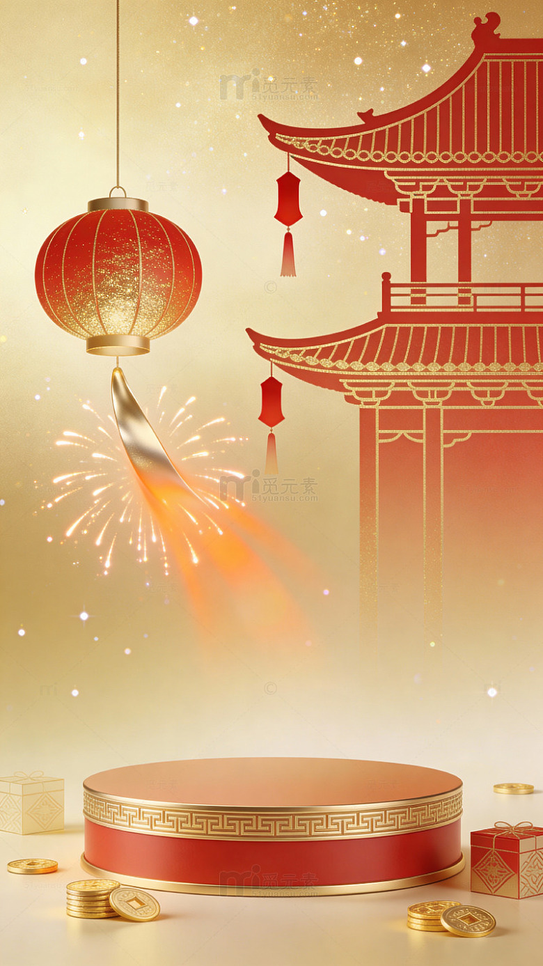 新年庆典红色灯笼烟花场景