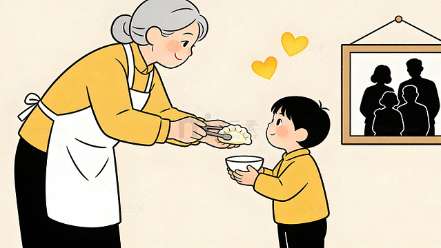 卡通风祖孙互动用餐场景插画